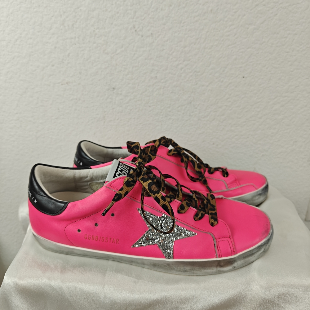 Golden Goose Super-Star Neon Pink Glitter Star Sneakers Sz 40 (9-9.5) Leopard - Picture 3 of 16